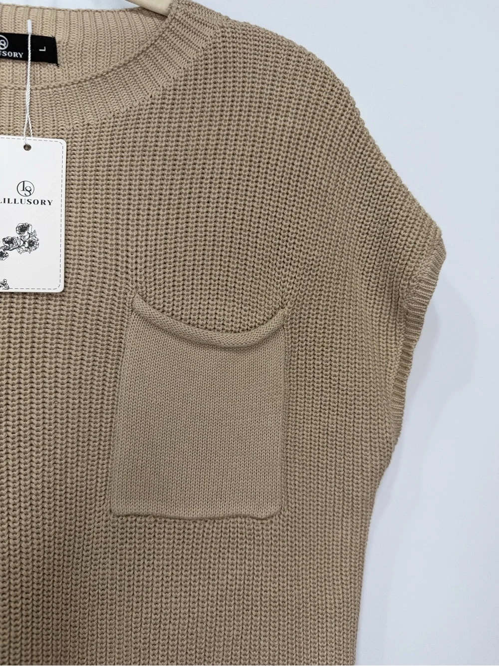 LILLUSORY 100% Cotton Sweater Top Large Beige Knit Sleeveless With Pocket - Picture 7 of 10